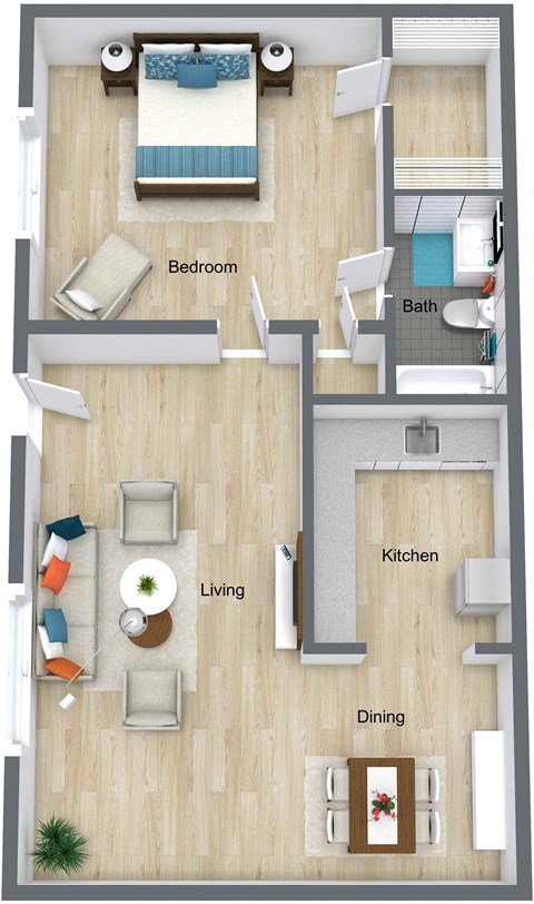 3D floor plan of Willow small- 1 bed 1 bath at Golden Shores of Jacksonville Jacksonville, FL, 32211